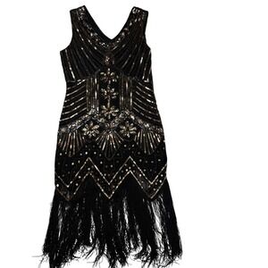 Vintage Style 1920s Flapper Dress Black Gold Sequin Fringe Great Gatsby Midi XL